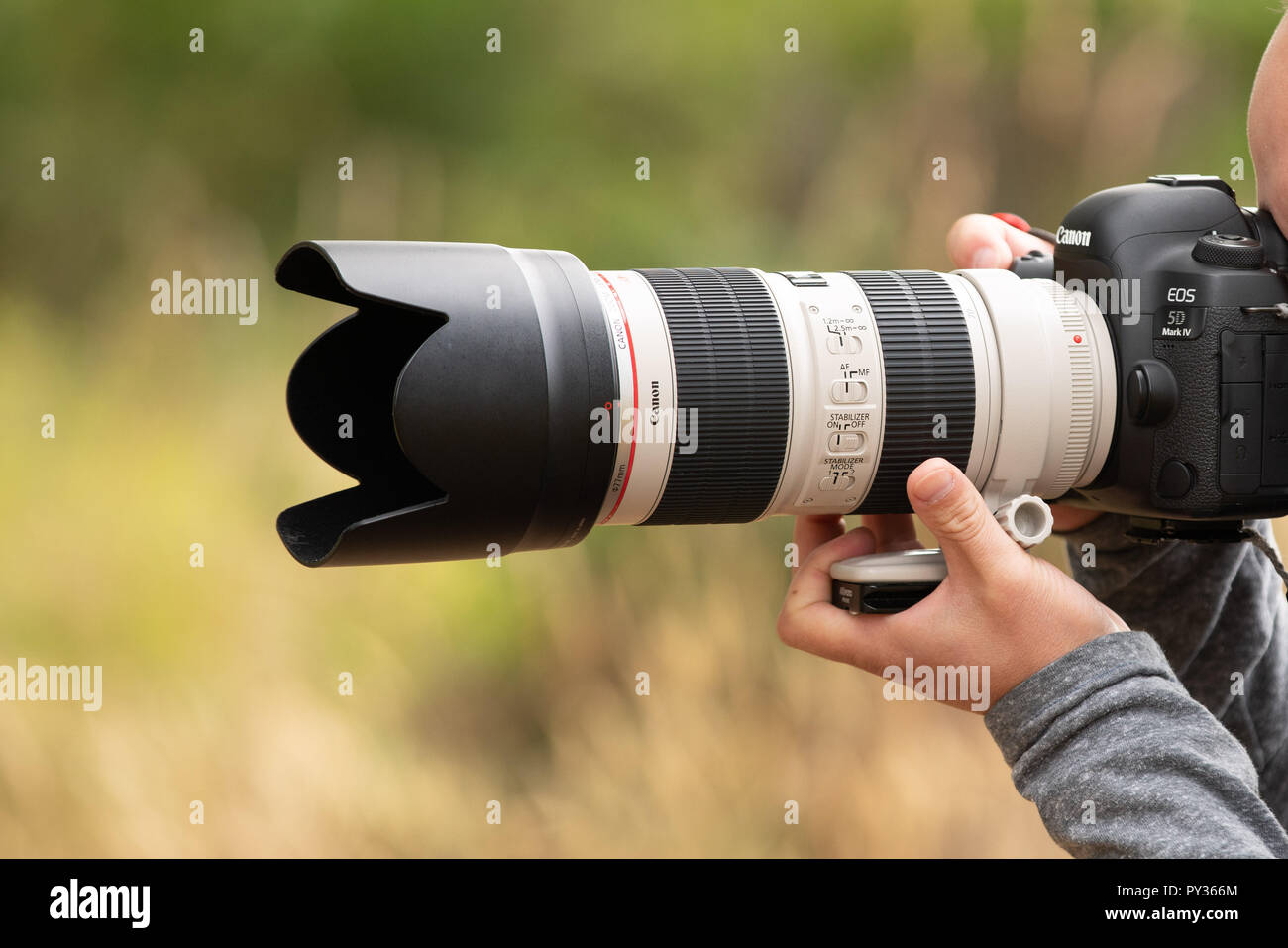 Battle Ground, WA/USA - 25. August 2018: Männliche Person, die Canon 5D Mark IV-DSLR-Kamera mit 70-200mm F2,8 Objektiv. Stockfoto