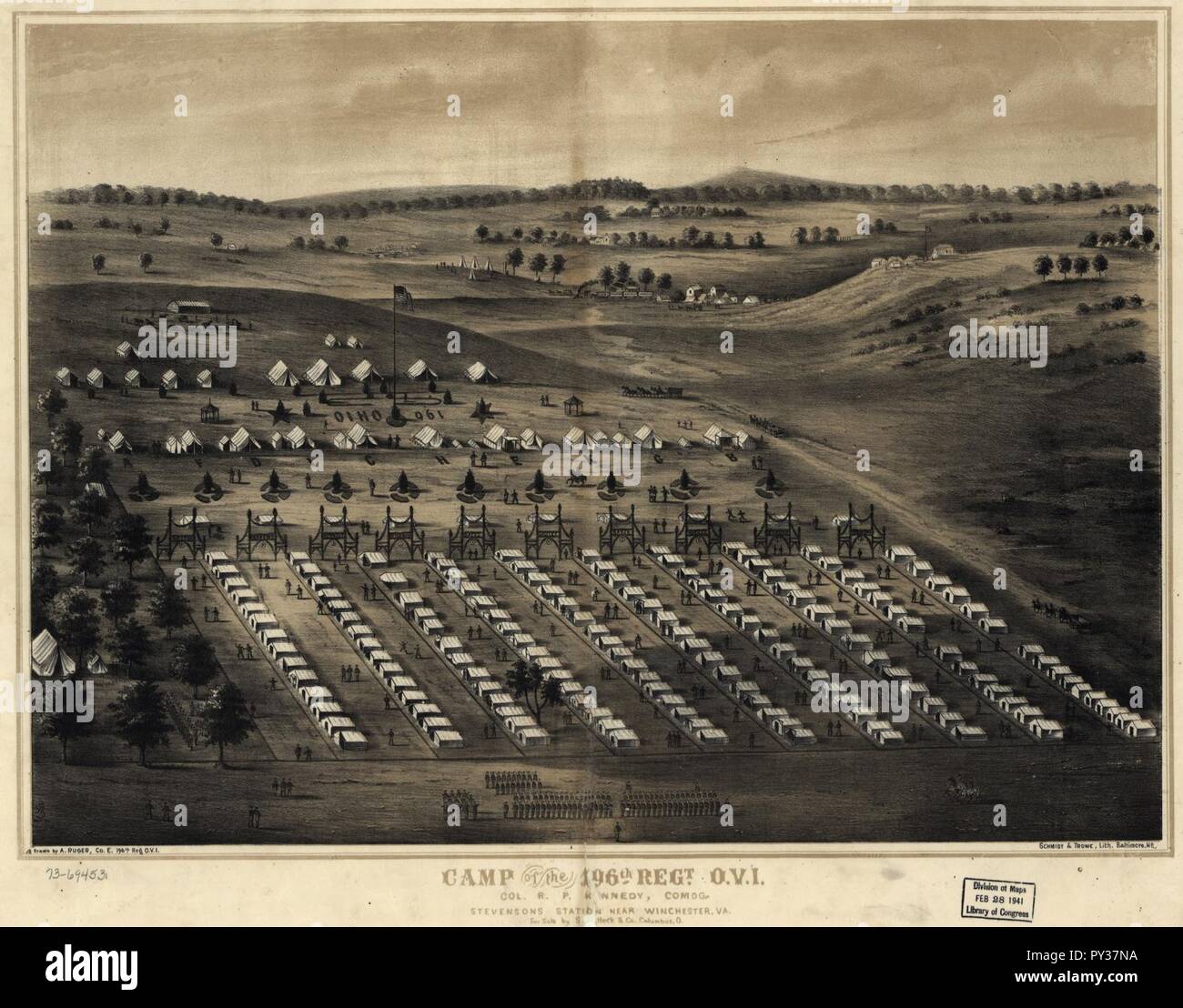 Lager der 196th Regt. O.V.I. Oberst R. S. Kennedy comdg. Stevensons Station in der Nähe von Winchester, Virginia. Stockfoto