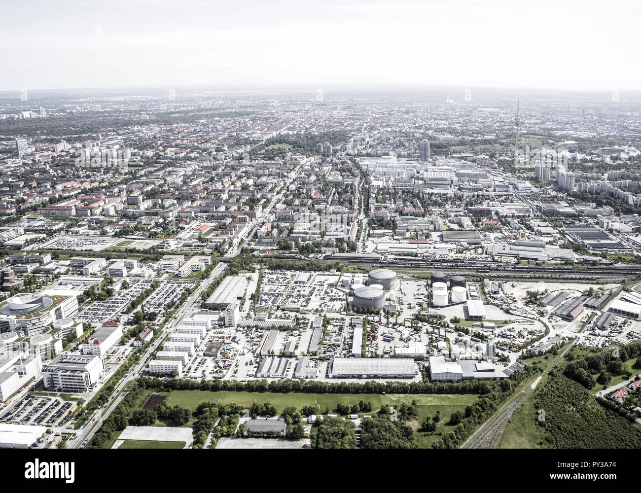 Industriegebiet in Muenchen, Luftaufnahme Stockfoto