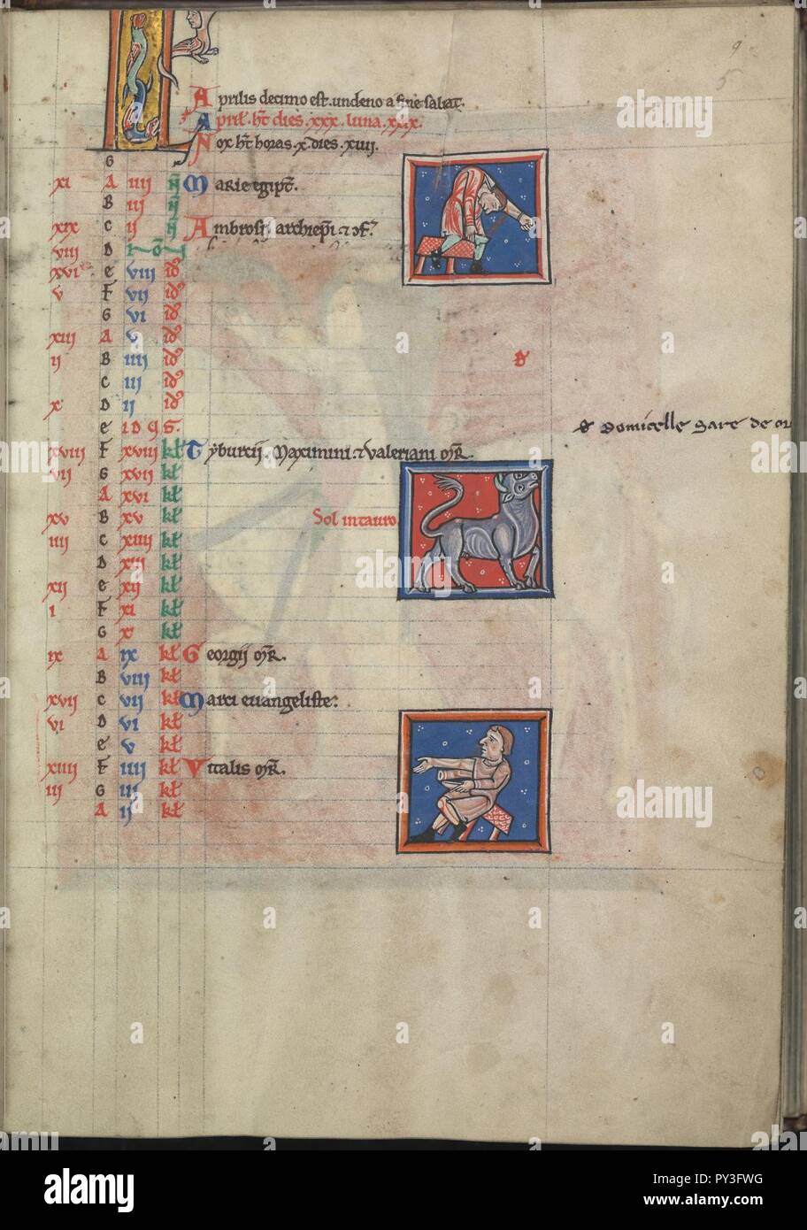 Kalender, April, zwei bloodlettings, dazwischen Taurus - Psalter von Eleonore von Aquitanien (Ca. 1185) - KB 76 F13, Folsäure 005 r. Stockfoto