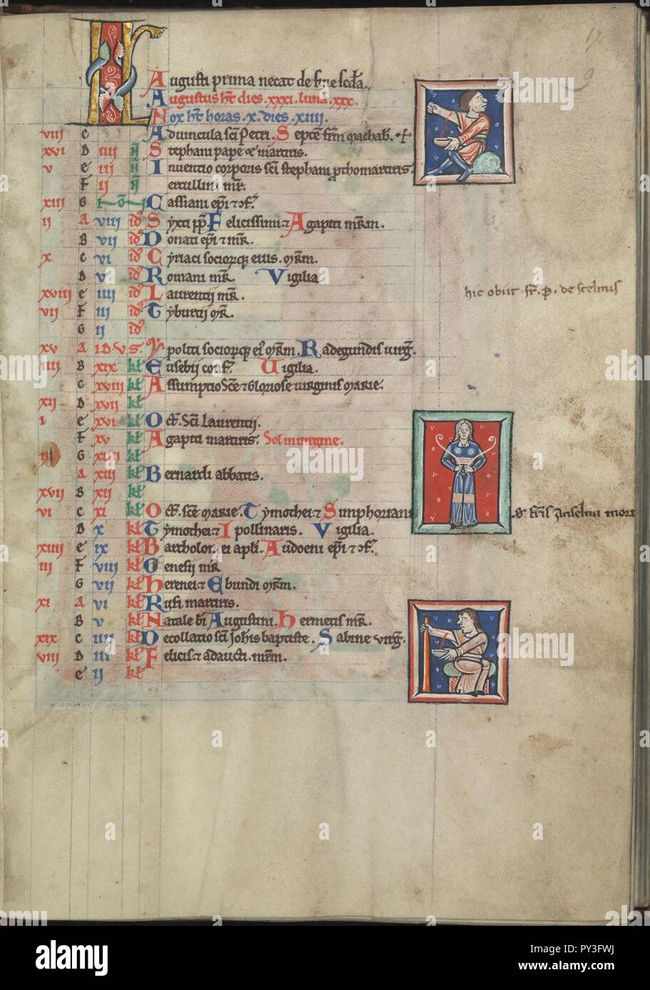 Kalender, August, zwei bloodlettings, dazwischen Jungfrau-Psalter von Eleonore von Aquitanien (Ca. 1185) - KB 76 F13, Folsäure 009 r. Stockfoto
