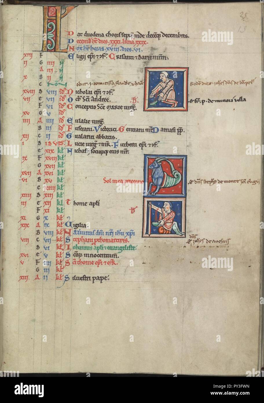Kalender, Dezember, zwei bloodlettings, dazwischen Steinbock - Psalter von Eleonore von Aquitanien (Ca. 1185) - KB 76 F13, Folsäure 013 r. Stockfoto