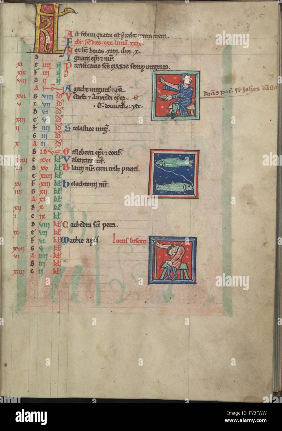 Kalender, Februar, zwei bloodlettings, dazwischen Fische - Psalter von Eleonore von Aquitanien (Ca. 1185) - KB 76 F13, Folsäure 003r. Stockfoto