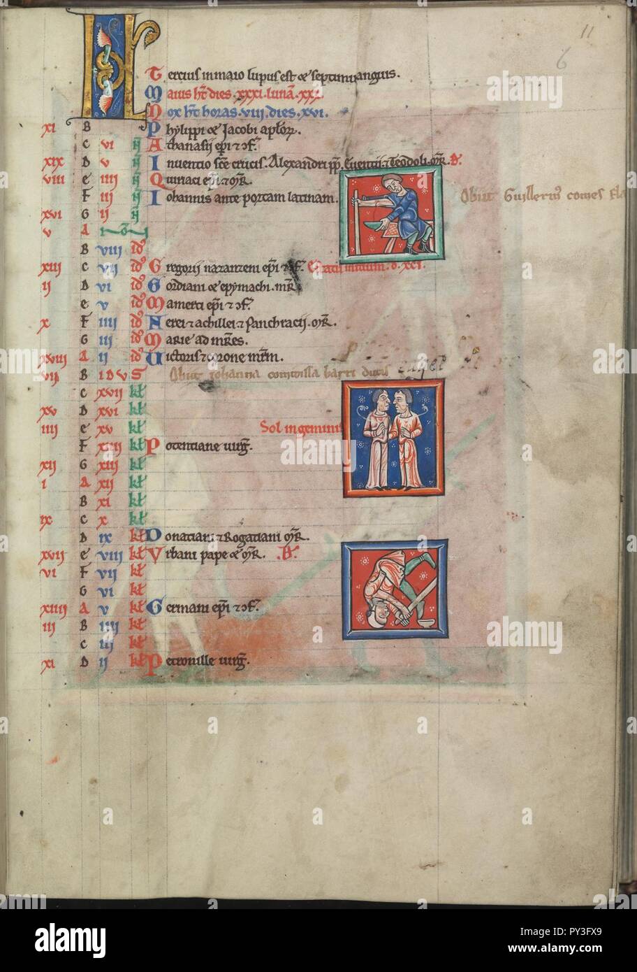 Kalender, Mai, zwei bloodlettings, dazwischen Gemini-Psalter von Eleonore von Aquitanien (Ca. 1185) - KB 76 F13, Folsäure 006 r. Stockfoto