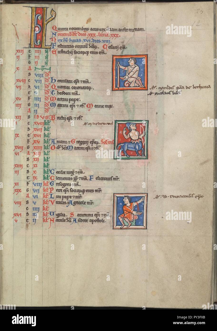 Kalender, November, zwei bloodlettings, dazwischen Schütze - Psalter von Eleonore von Aquitanien (Ca. 1185) - KB 76 F13, Folsäure 012 r. Stockfoto