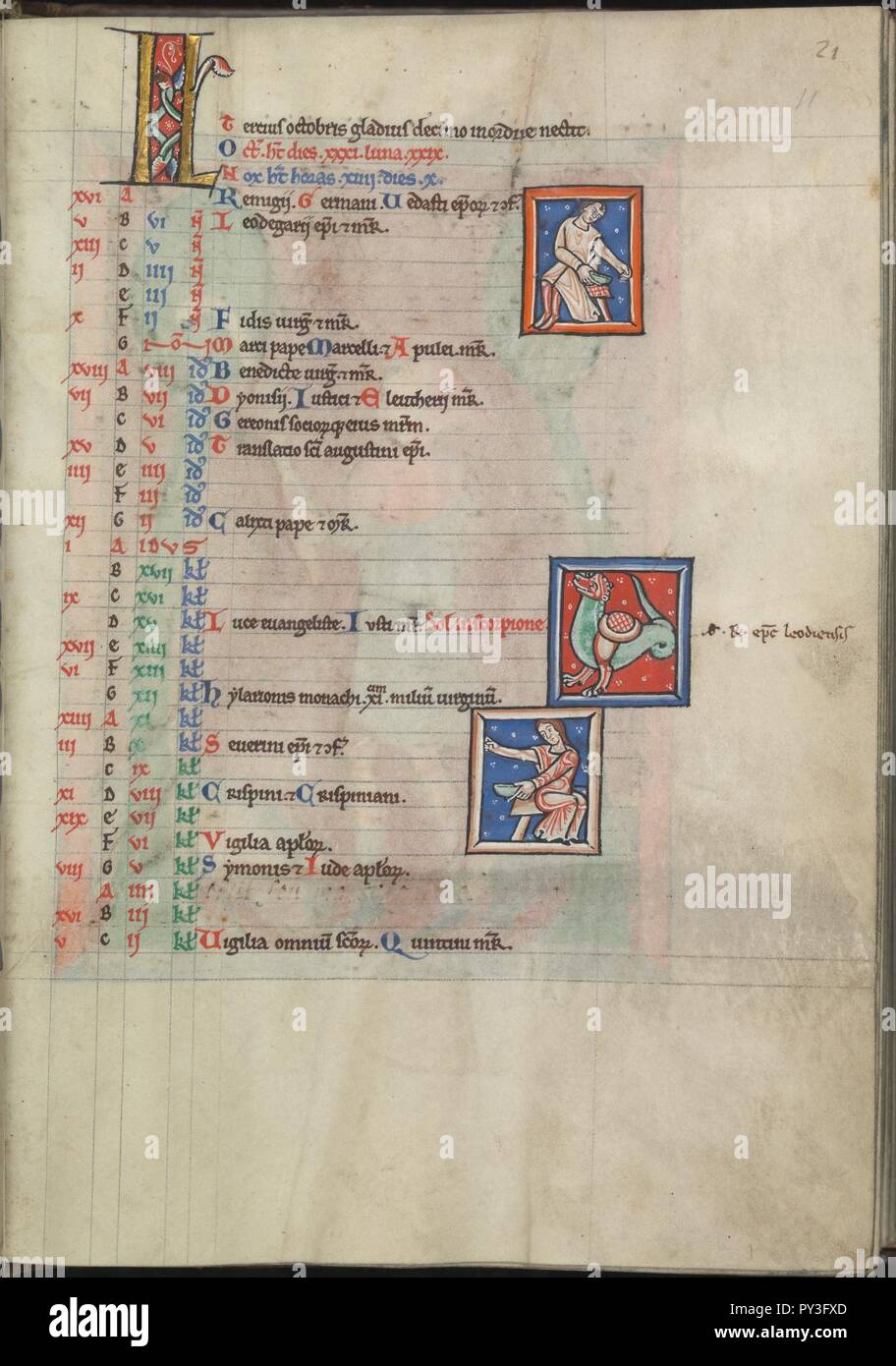 Kalender, Oktober, zwei bloodlettings, dazwischen Skorpion - Psalter von Eleonore von Aquitanien (Ca. 1185) - KB 76 F13, Folsäure 011 r. Stockfoto
