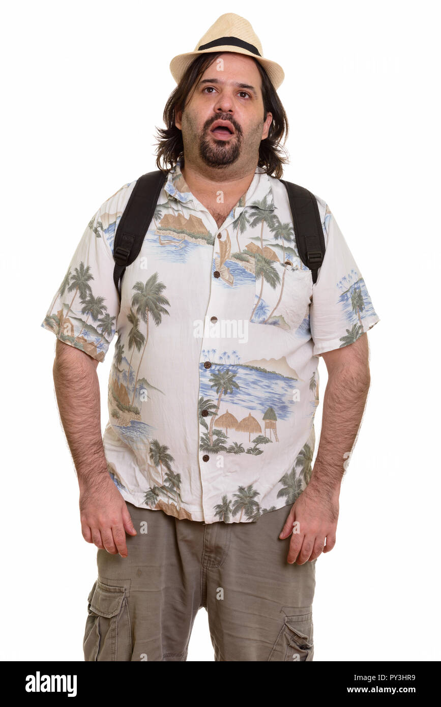 Fat kaukasischen Mann müde bereit für Urlaub Stockfoto