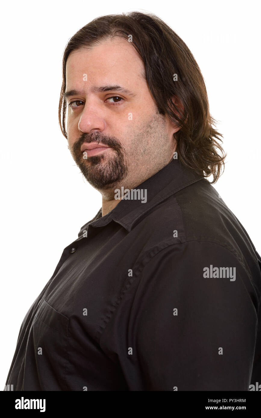 Nahaufnahme von Fett kaukasischen Mann Gesicht und Kamera Stockfoto