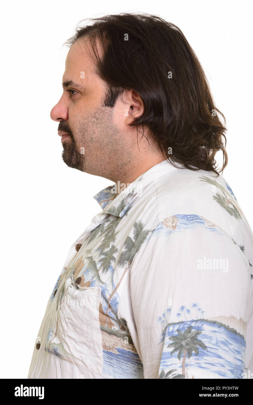 Profil anzeigen von Fett kaukasischen Mann bereit für Ferienhäuser Stockfoto