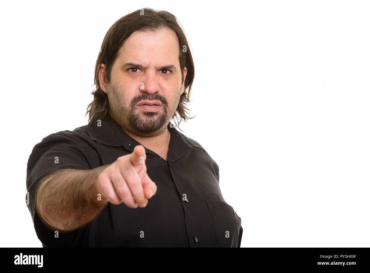 Wütend Fett kaukasischen Mann Zeigefinger an Kamera Stockfoto