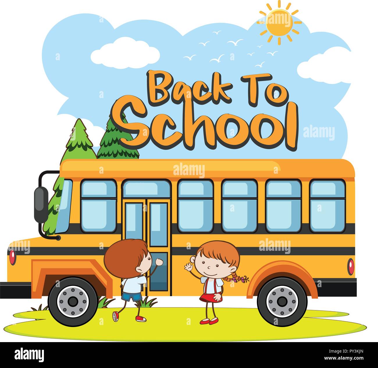 Glückliche Schüler, die Schule Bus Abbildung Stock Vektor