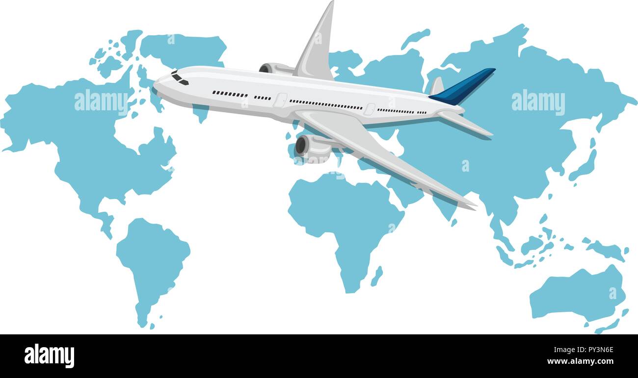 Ein Flugzeug fliegt über Weltkarte Abbildung Stock Vektor