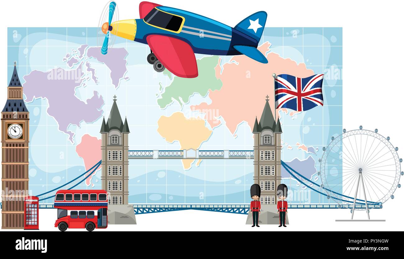 Wahrzeichen Londons vor Karte Abbildung Stock Vektor