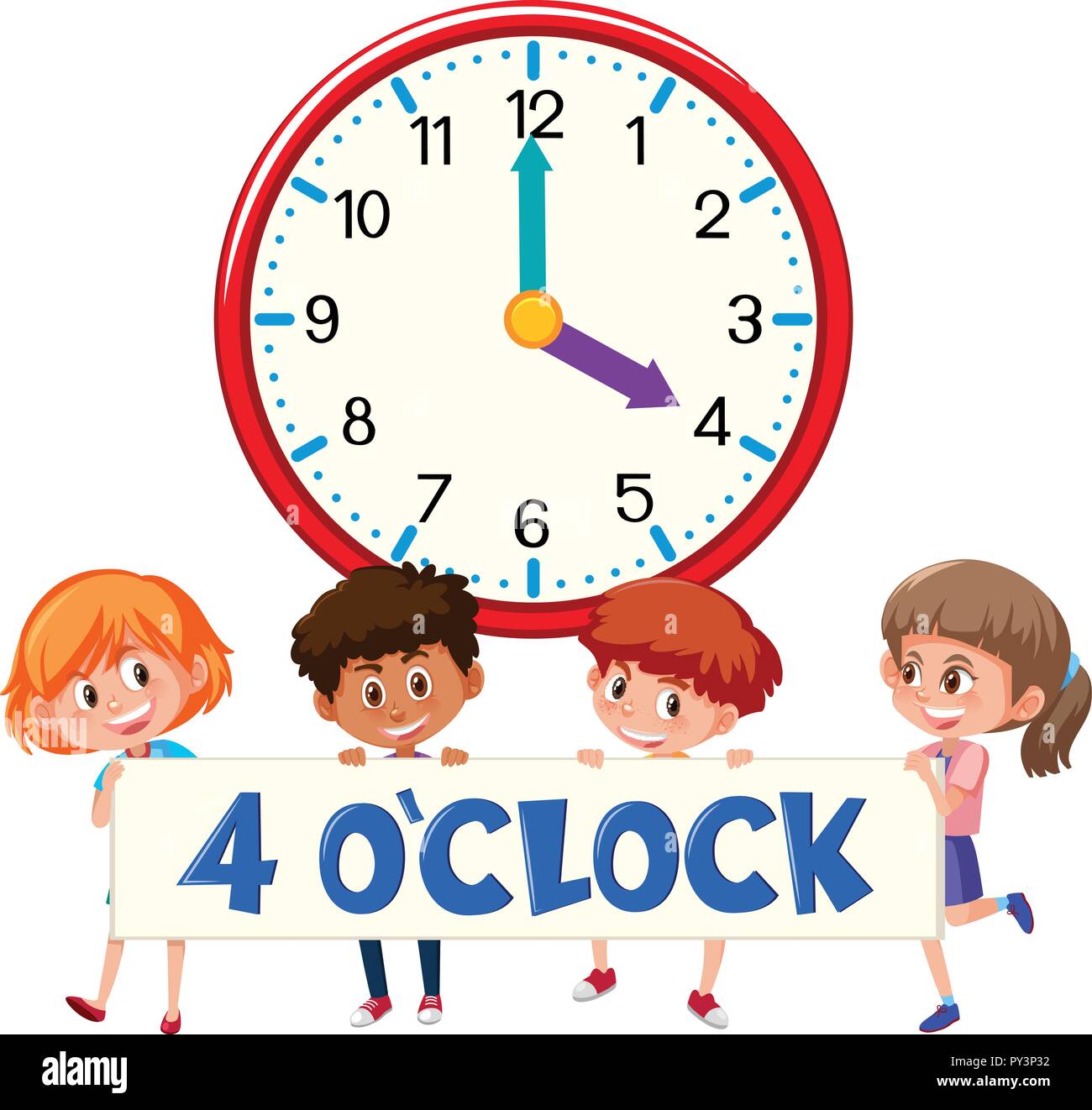 Kinder und Wecker 4 Uhr Abbildung Stock-Vektorgrafik - Alamy