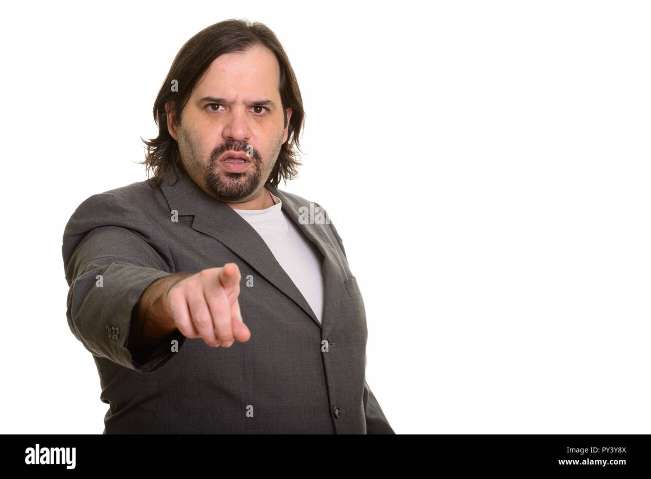 Wütend fett Kaukasischen Geschäftsmann Zeigefinger an Kamera Stockfoto