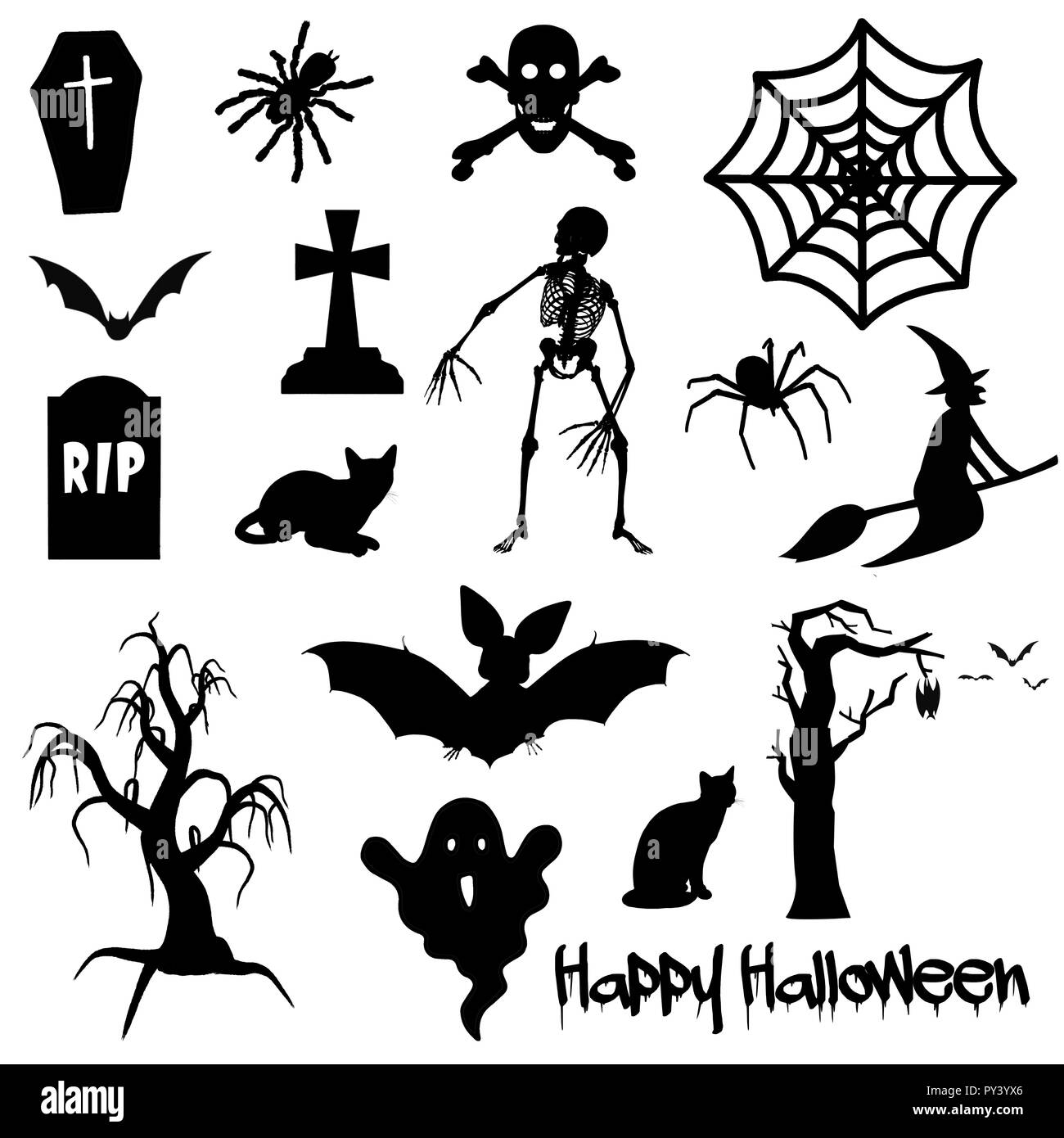 Schwarz Halloween set Objekte auf weißem Hintergrund (Spider, bat, Skelett, Cat, Grab, Kreuz, Geist, Hexe, Katze) Stockfoto
