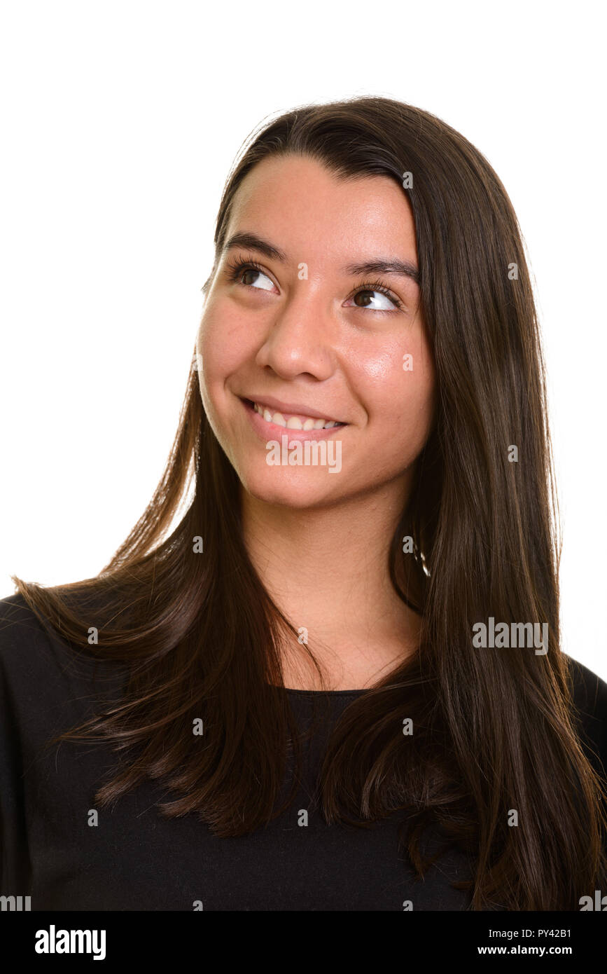 Junge glücklich kaukasische Frau lächelnd und Denken Stockfoto