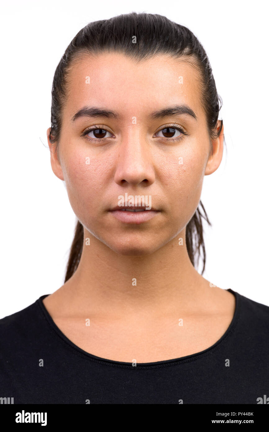 Gesicht der jungen schönen kaukasischen Frau mit Haar zurück gebunden Stockfoto