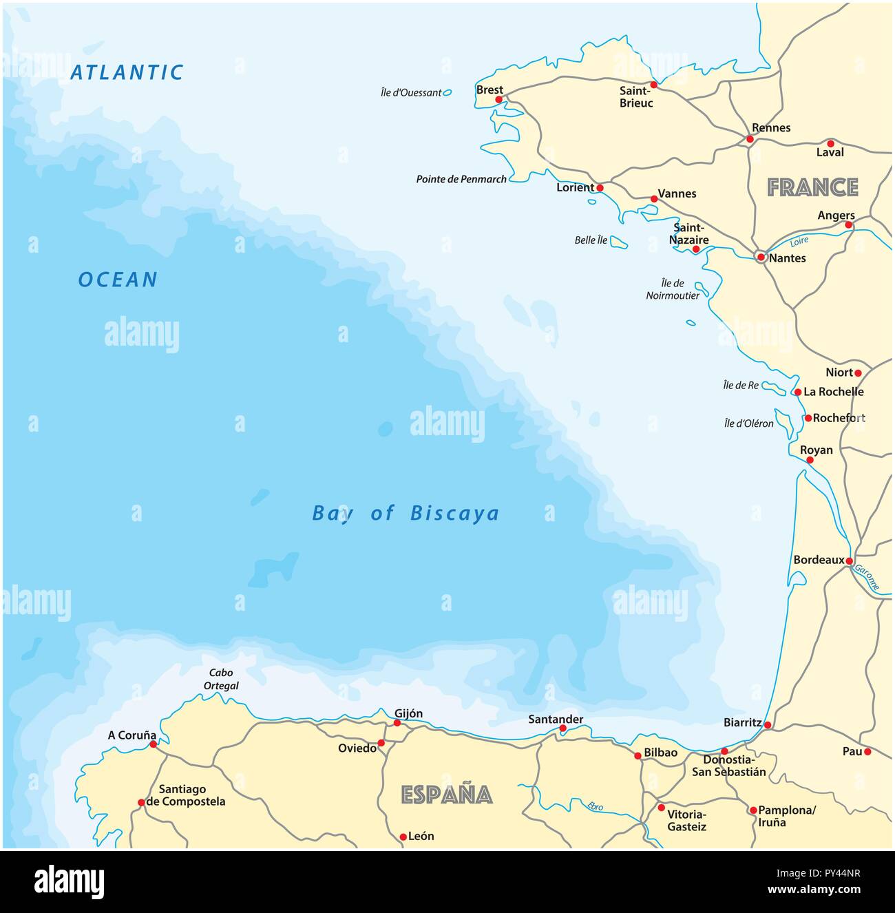 Bucht von Biscaya Vektor road map, Spanien, Frankreich. Stock Vektor