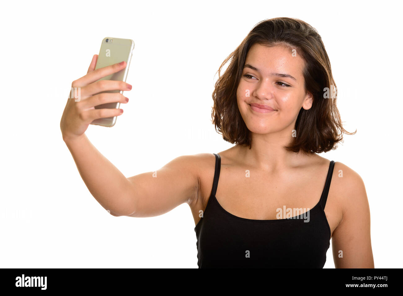 Junge schöne Kaukasischen Jugendmädchen unter selfie mit mobilen Stockfoto