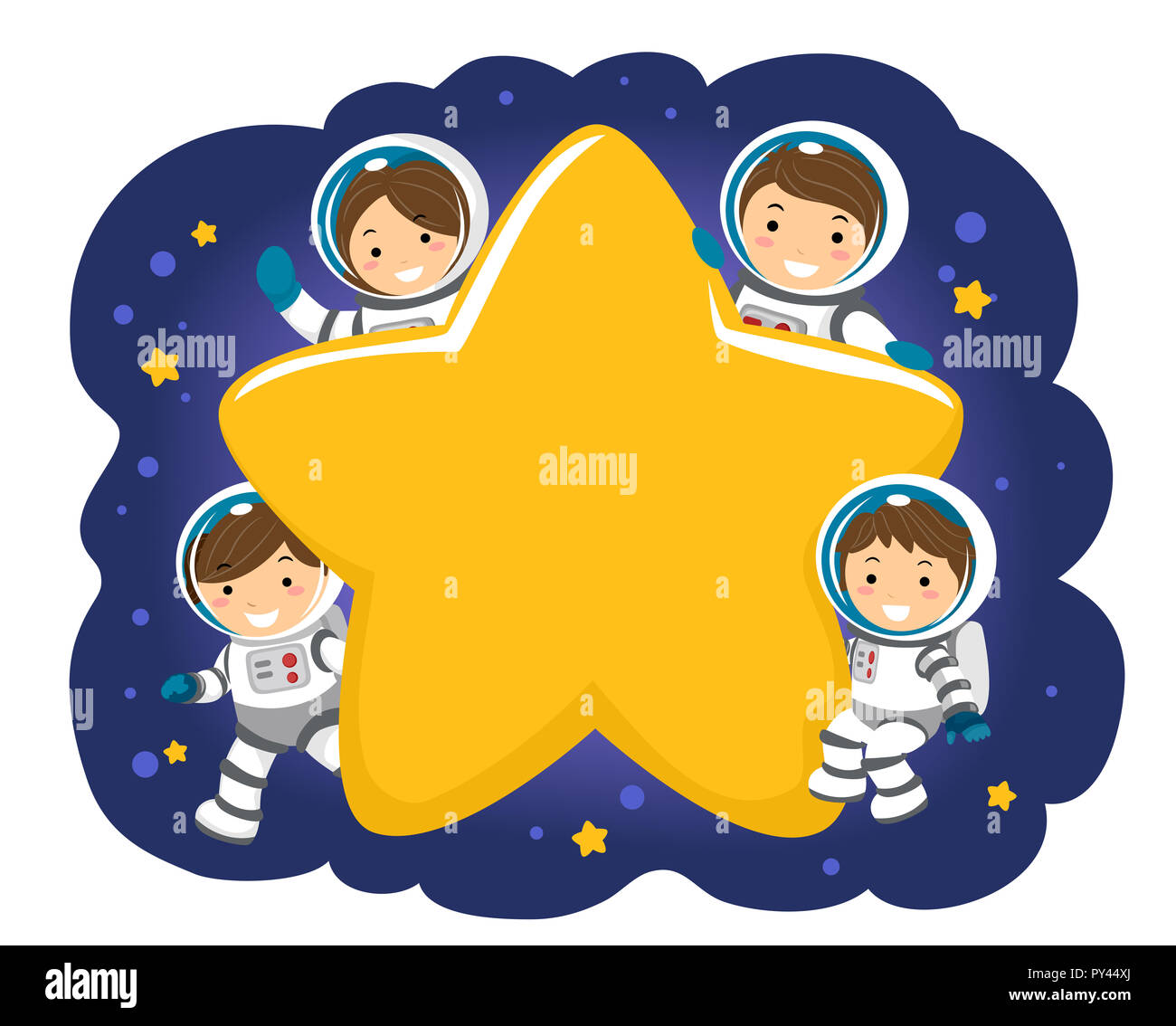 Abbildung: Stickman Familie tragen Astronaut Anzüge mit einem Stern Board Stockfoto