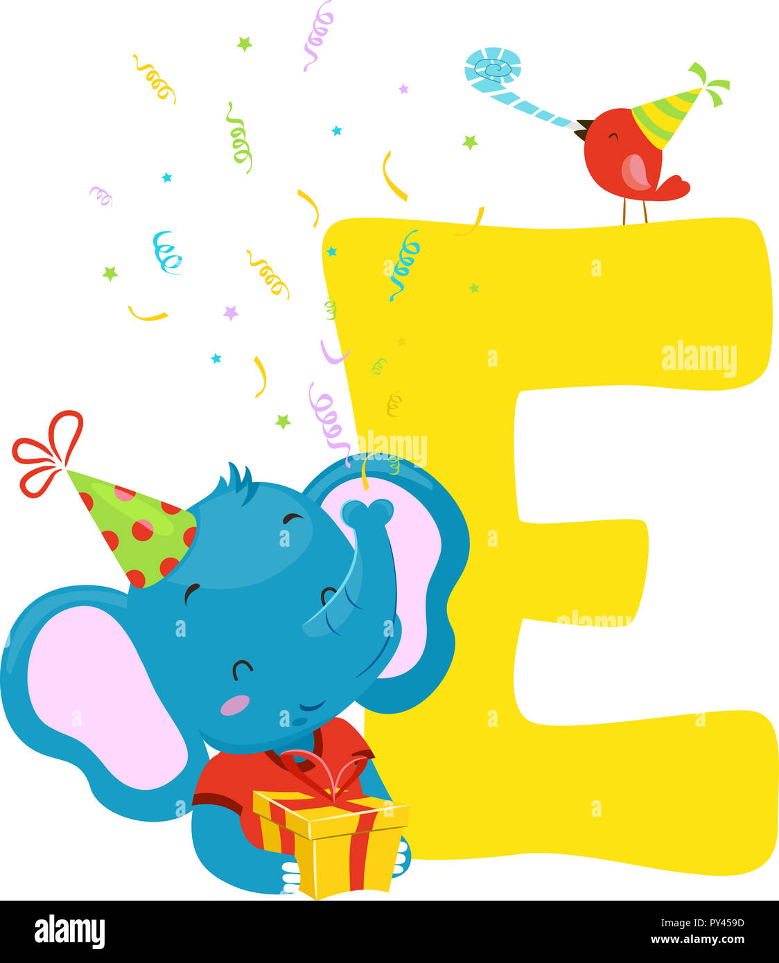 Abbildung Ein Blauer Elefant Mit Einem Buchstaben E Und Geschenk Geburtstag Hat Und Konfetti Stockfotografie Alamy