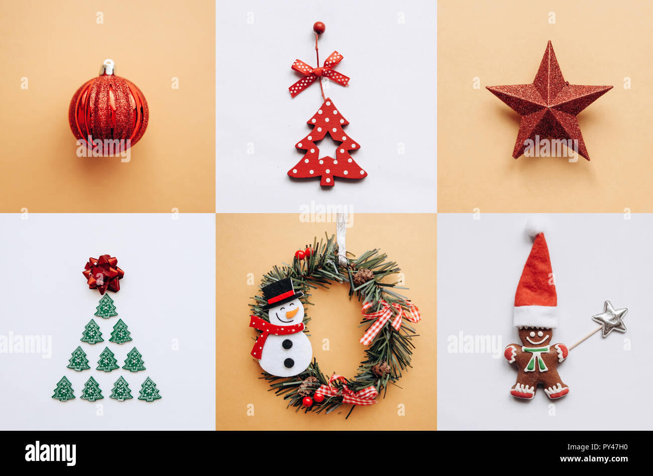 Kreative Idee verschiedene Weihnachten Spielzeug und Sachen auf farbige Hintergründe. Feier von Weihnachten und das neue Jahr. Meine Idee und Kunstwerken Stockfotografie