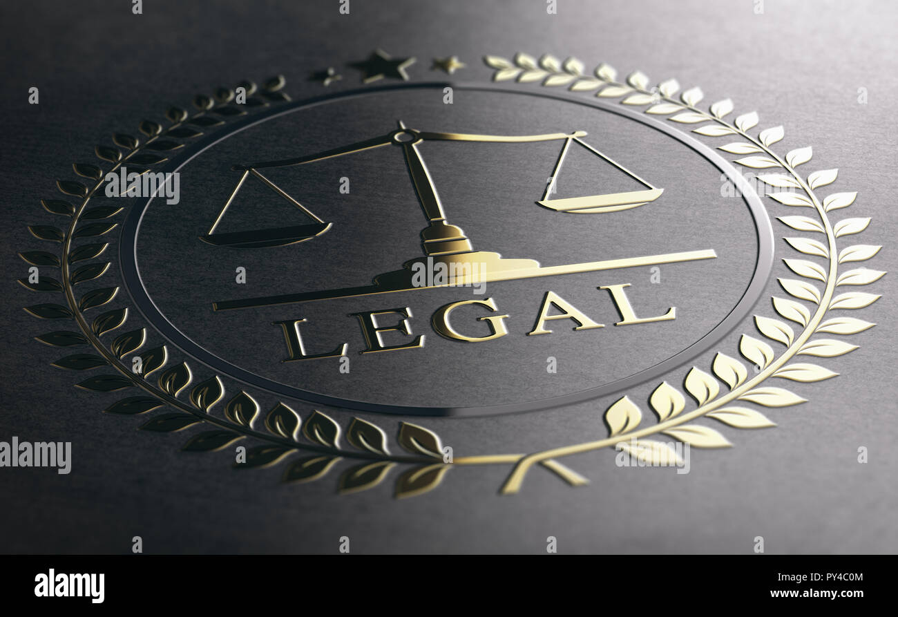 Rechtliche Symbol mit Waage der Gerechtigkeit, goldenen Zeichen auf schwarzem Papier Hintergrund geprägt. 3D-Darstellung Stockfoto