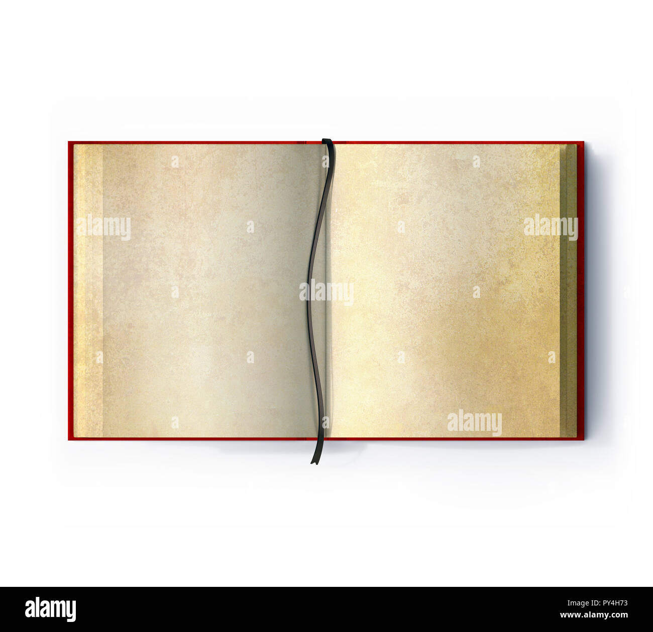 Blick von oben auf ein altes Buch öffnen auf leere Seiten, Lesezeichen und roten Deckel, auf weißem Hintergrund Stockfoto