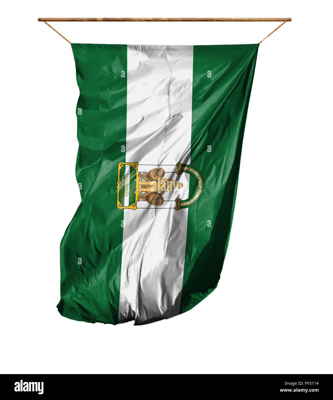 Flagge von Andalusien. Vertical flag. auf einem weißen Hintergrund. Stockfoto