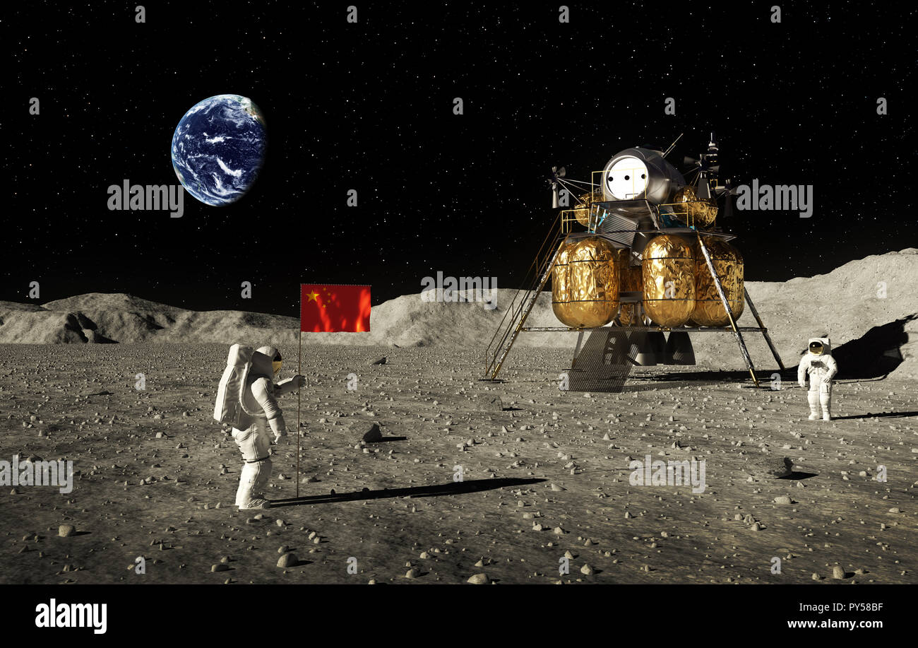 Astronauten eine chinesische Flagge auf dem Mond. 3D-Darstellung. Stockfoto