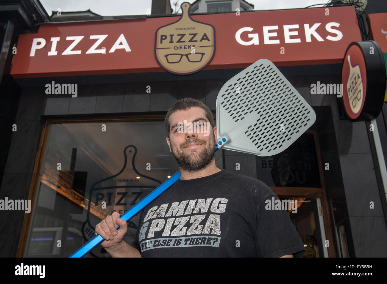 Pizza Geeks Mitbegründer Patrick Ward, Dalry Rd Store Stockfoto