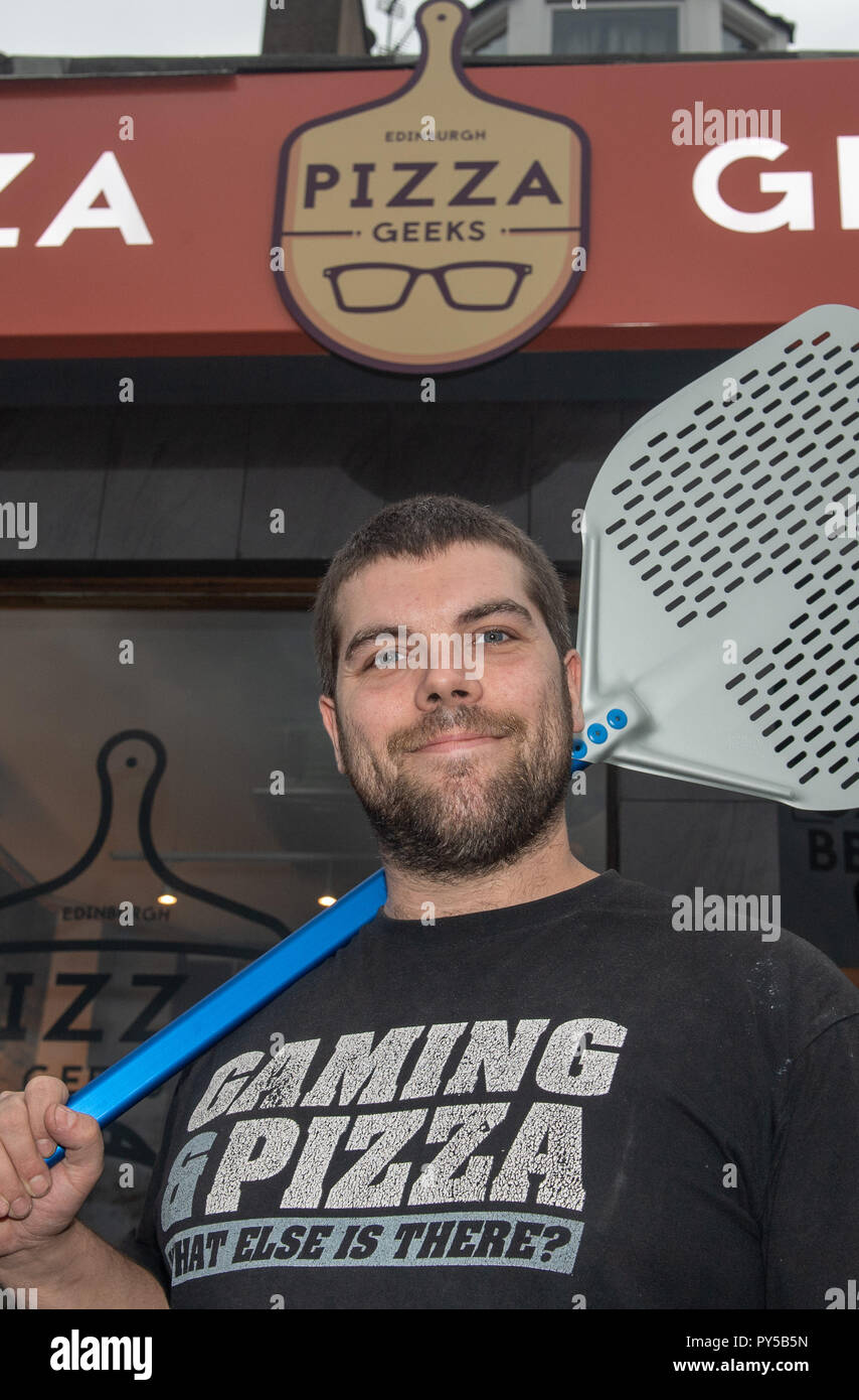 Pizza Geeks Mitbegründer Patrick Ward, Dalry Rd Store Stockfoto