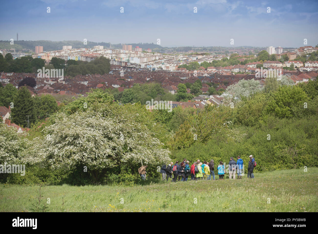 Eine Gruppe von Menschen die Teilnahme an einem Workshop auf Nahrungssuche und Spaziergang mit Blick auf Bristol, Großbritannien Stockfoto