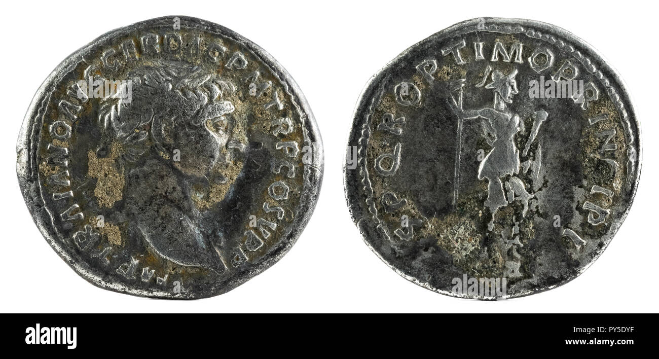 Römischer Denar Silber münze von Kaiser Trajan. Stockfoto