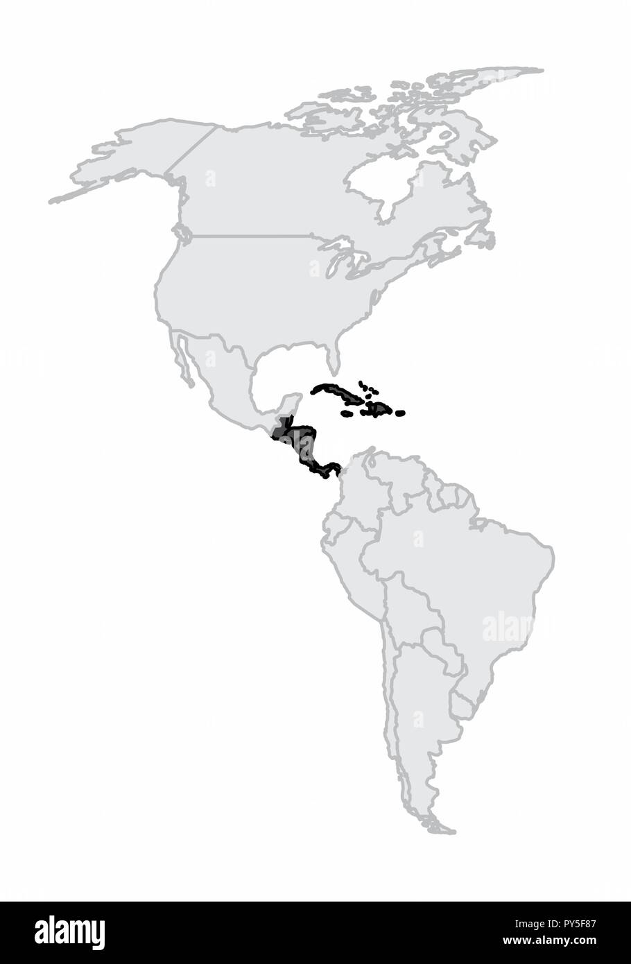 Eine Karte des amerikanischen Kontinents mit Mittelamerika und der Karibik hervorgehoben Stock Vektor