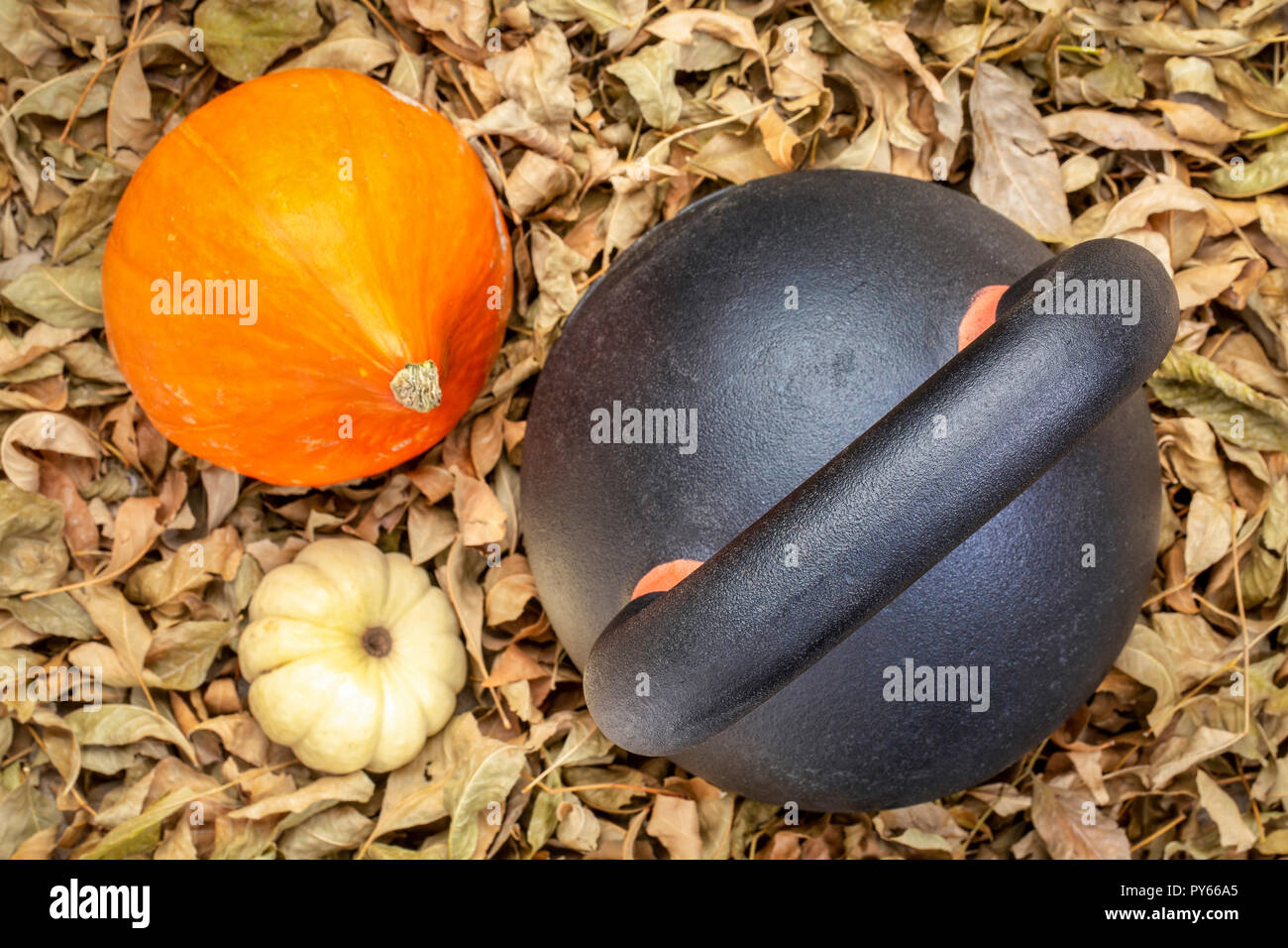 Heavy Iron kettlebell mit Winter squasg und Kürbis - Ansicht von oben gegen trockene Blätter Hintergrund Stockfoto
