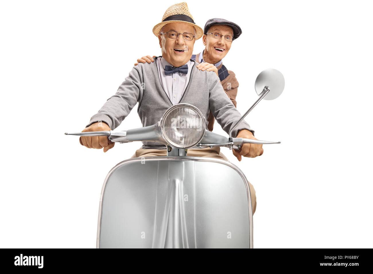 Zwei ältere Herr, ein Vintage scooter auf weißem Hintergrund Stockfoto