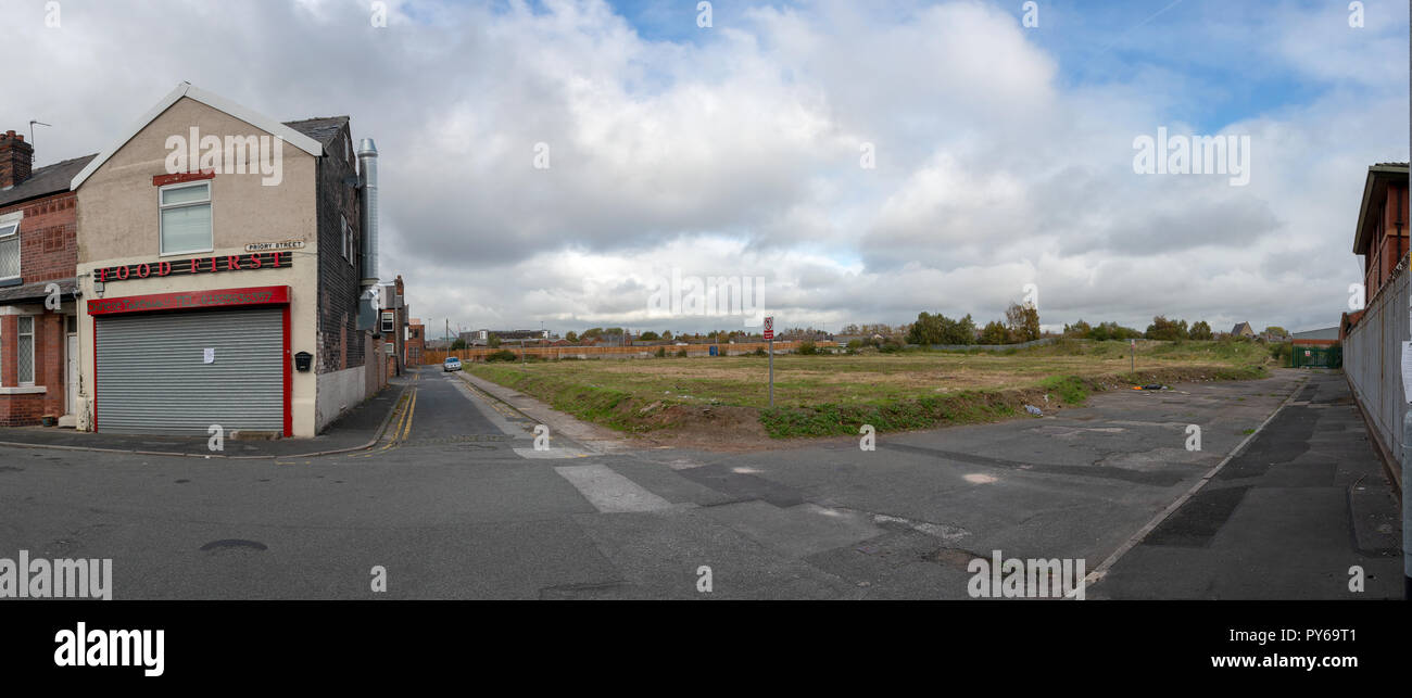 Land, wo der Warrington Wolves Rugby League Stadion stand einst Stockfoto