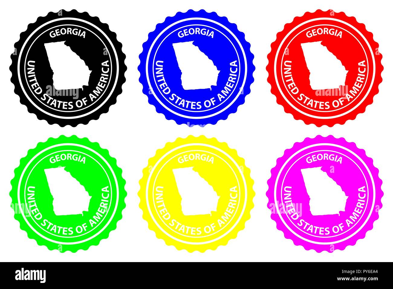 Georgien - Stempel - Vektor, Georgia (Vereinigte Staaten von Amerika) Karte Muster - Aufkleber - Schwarz, Blau, Grün, Gelb, Lila und Rot Stock Vektor