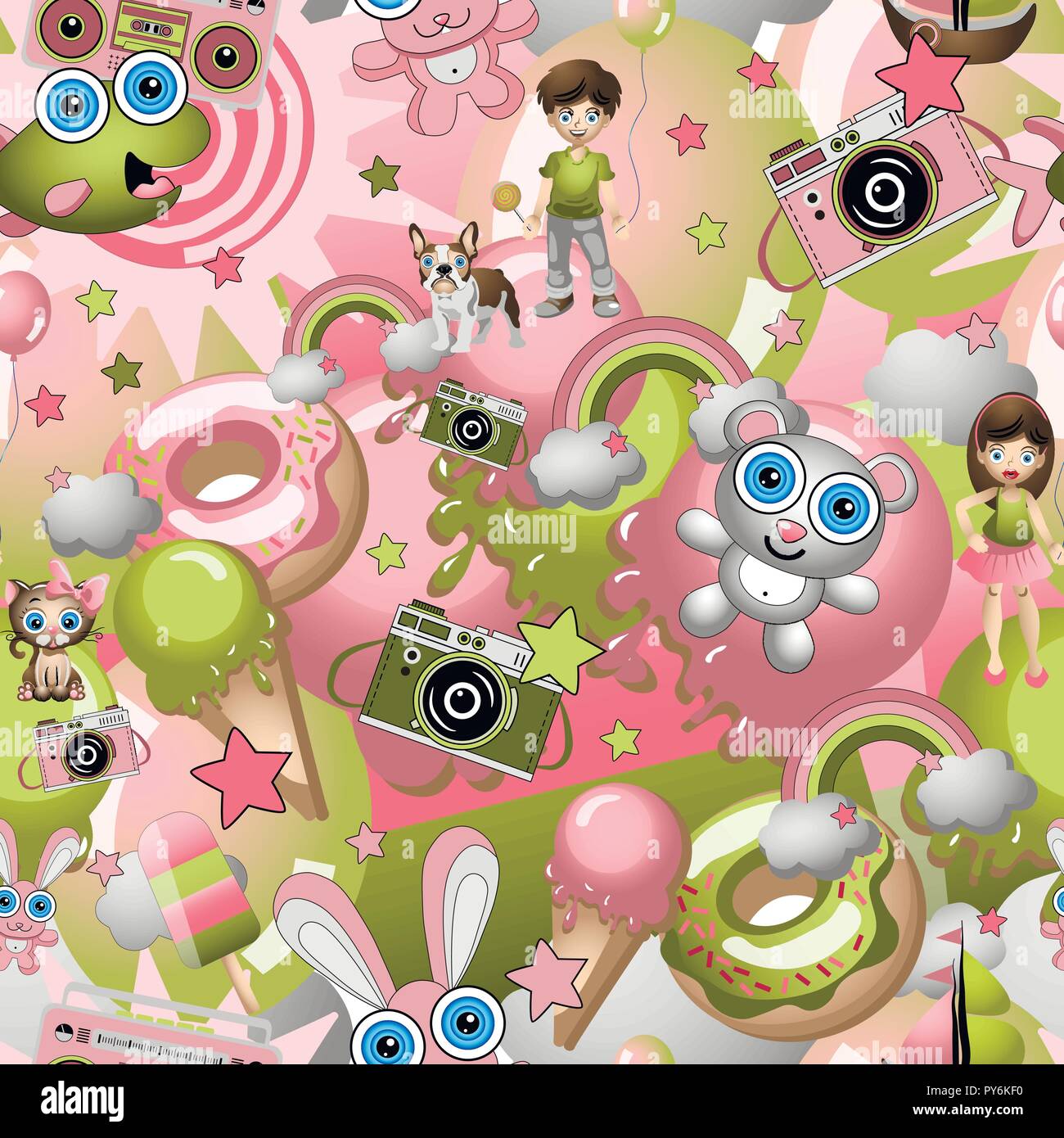 Nahtlose Muster mit kindischen Cartoon Stil Elemente, Junge und Mädchen, Haustiere. Kind Konzept Tapeten Textur Stock Vektor