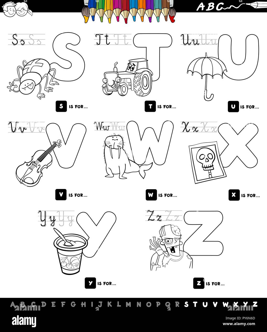 Schwarze und Weiße Cartoon Illustration von Großbuchstaben Alphabet Bildungs- Set für das Lesen und Schreiben lernen für Kinder von S bis Z Farbe Buch Stock Vektor