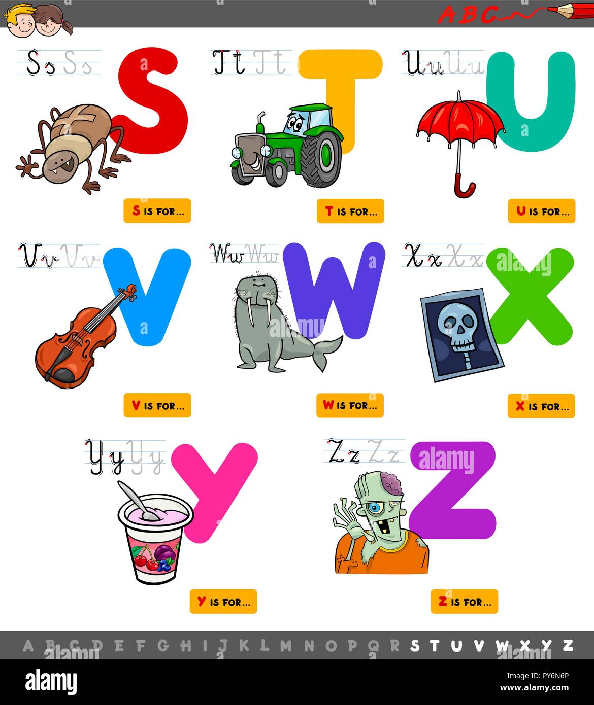 Cartoon Illustration von Großbuchstaben Alphabet Bildungs- Set für Lesen und Schreiben Praxis für Kinder von S bis Z Stock Vektor
