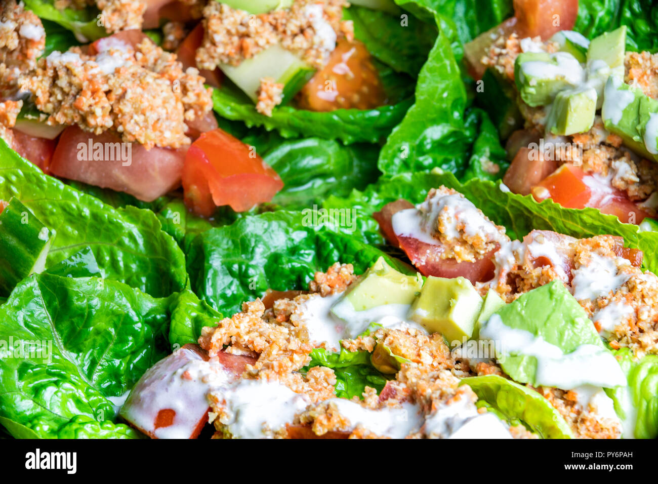 Makro Nahaufnahme von Gemüse, grünes Blatt, grünen Salat aus Kopfsalat, Gurken, Tomaten, Raw vegan Mutter Fleisch, Avocado, Textur, Detail Stockfoto
