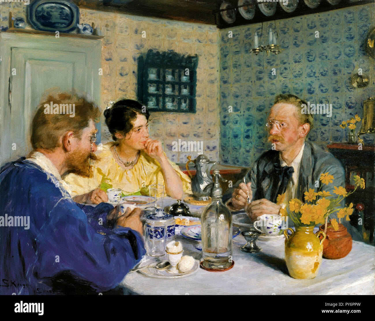 Peder Severin Kroyer, ein Frühstück. Der Künstler, seine Frau und der Schriftsteller Otto Benzon. 1893 Öl auf Leinwand, die hirschsprung Sammlung, Kopenhagen, Dänemark. Stockfoto