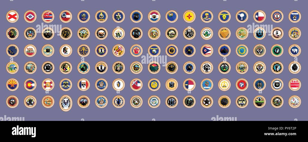 Satz von Vector Icons. Staaten von USA Flaggen und Dichtungen. 3D-Darstellung. Stock Vektor