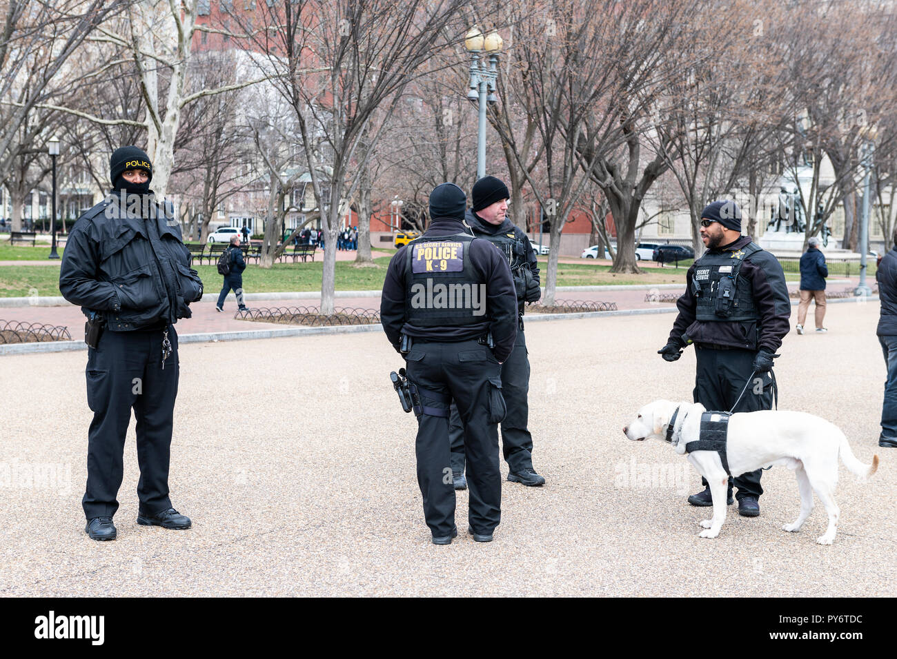 Washington DC, USA - 9. März 2018: Viele Secret Service Mann vom Sicherheitsdienst bewacht mit Hund, K-9 unit, Menschen, die von Weißen Haus in der Hauptstadt während Stockfoto