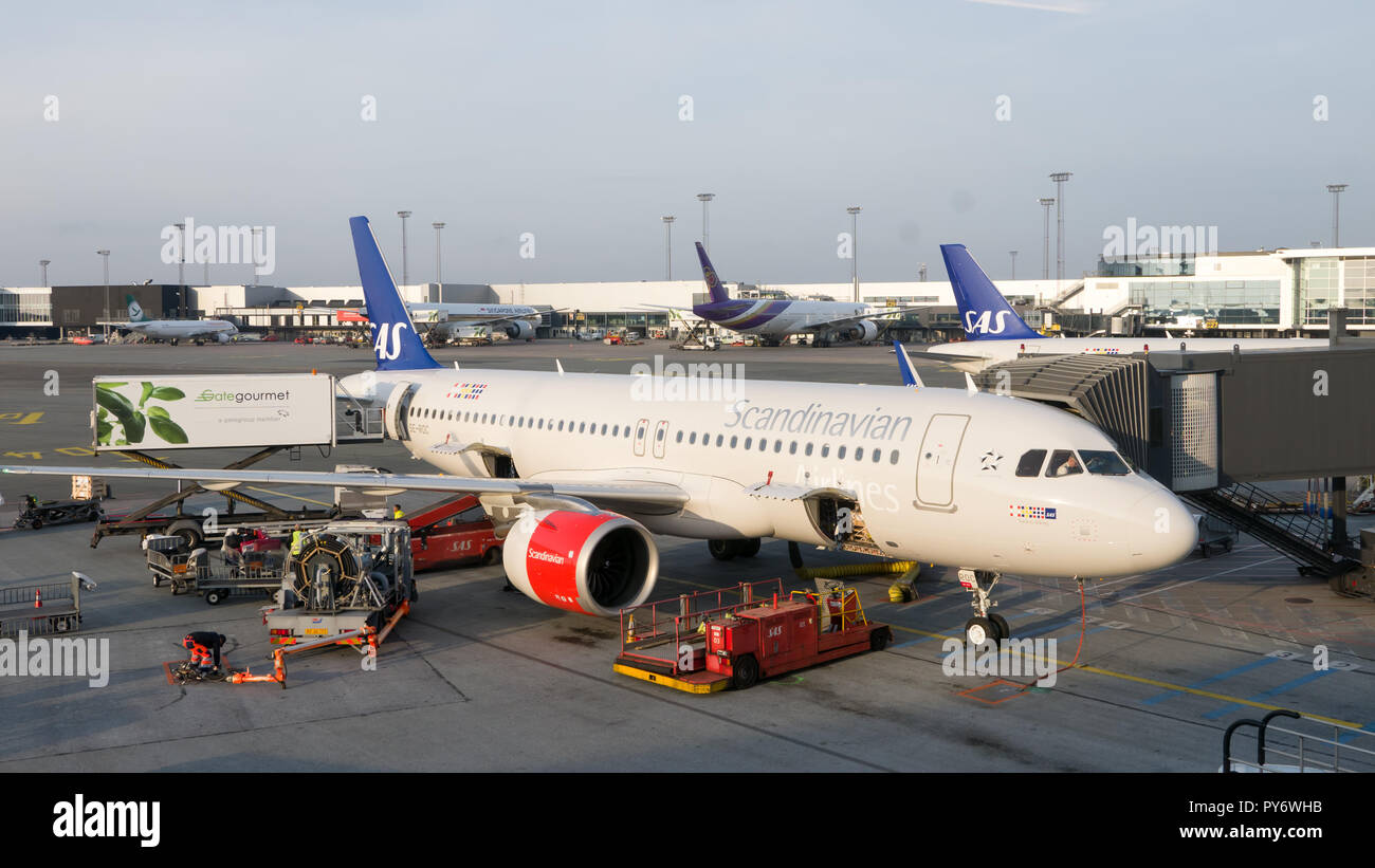 Kopenhagen, 8. September 2017: Ground Handling Service für die Scandinavian Airlines SAS-Flugzeuge Stockfoto