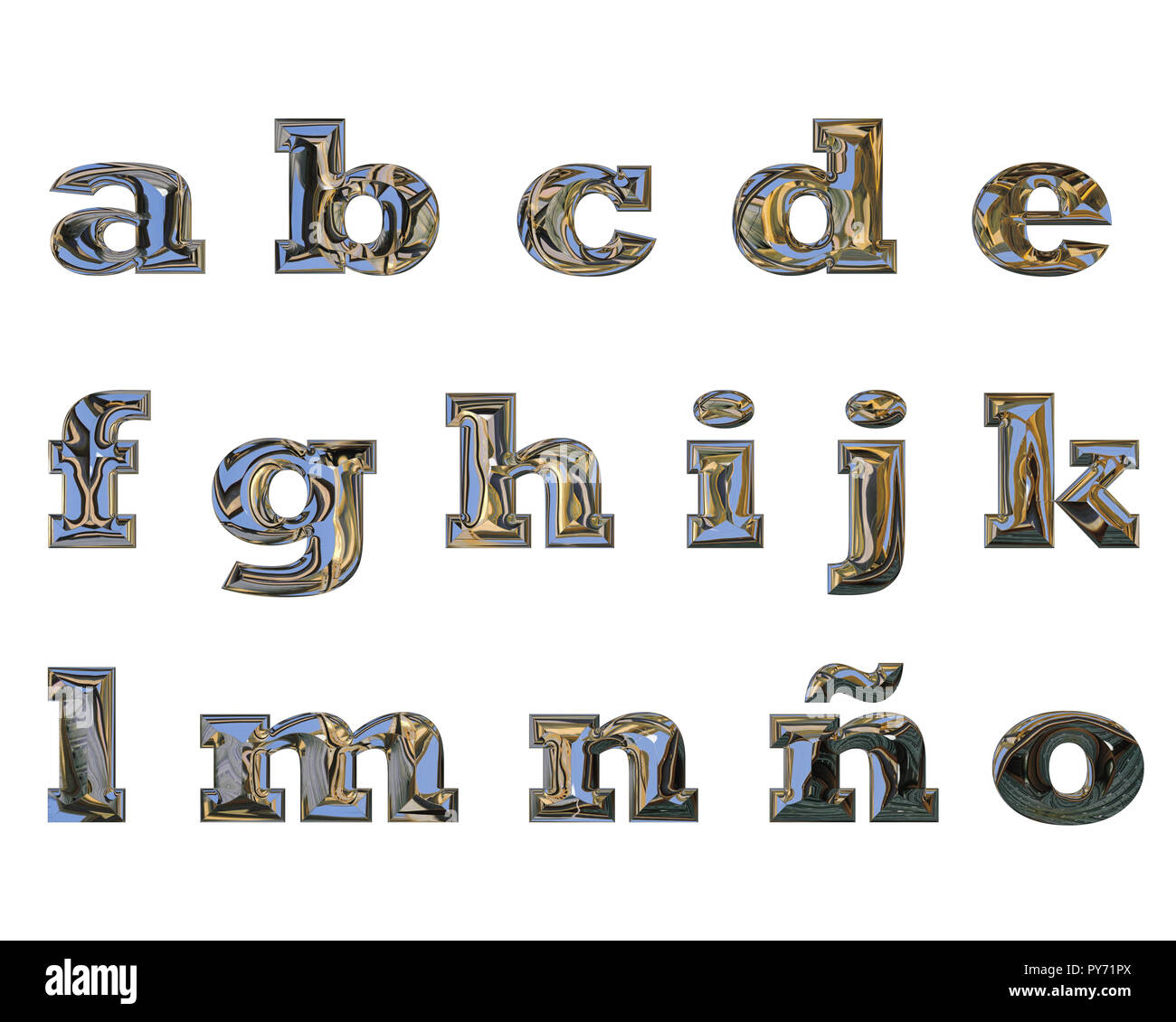 Kleinbuchstaben von 'a' bis 'o', mit Liquid Chrome Wirkung Stockfoto