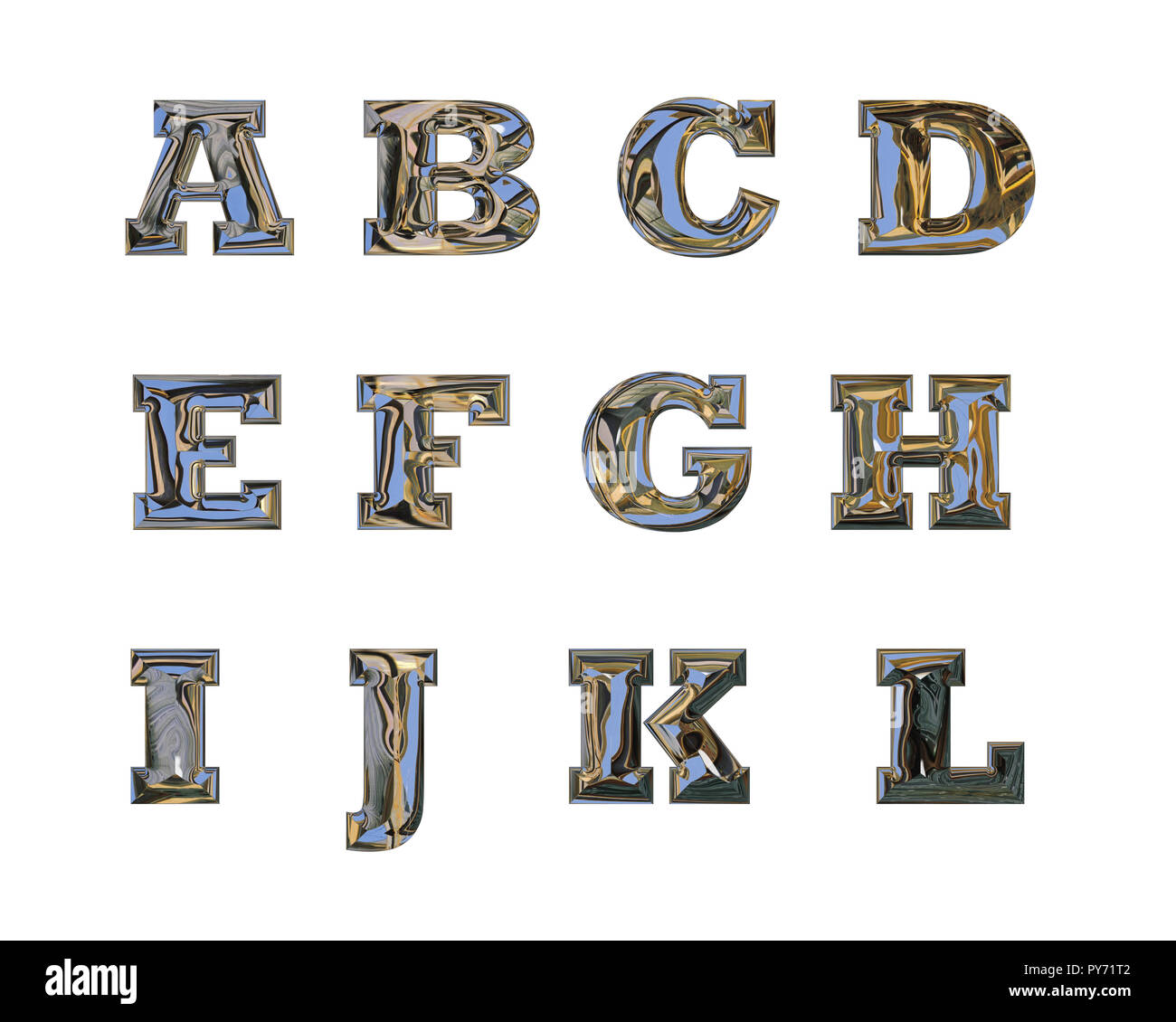 Großbuchstaben von A bis L, mit Liquid Chrome Wirkung Stockfoto